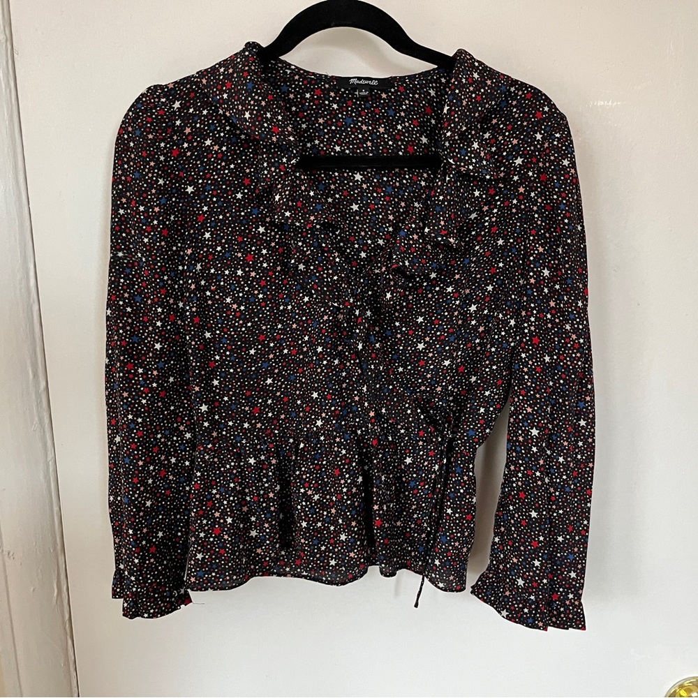 Madewell silk wrap blouse stars